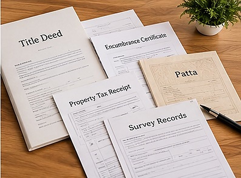 Title deed, encumbrance certificate, patta, property tax receipt and survey records laid out on a desk