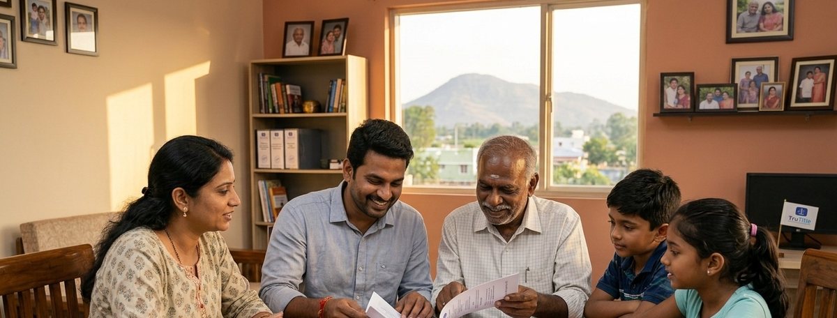 A family reading a property verification report together at home