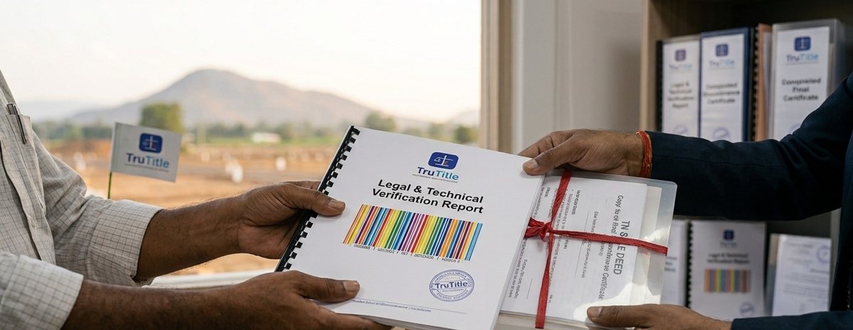 A bound legal and technical verification report being handed to a client