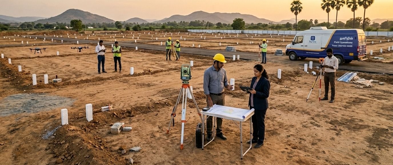 Survey team measuring a plotted layout at site