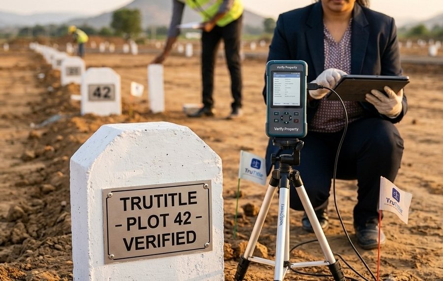 Surveyor using a total station on a plotted site